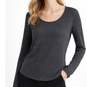 Vince Texture Stretch Knit Top Women Large Gray Scoop Neck Long Sleeve Minimal